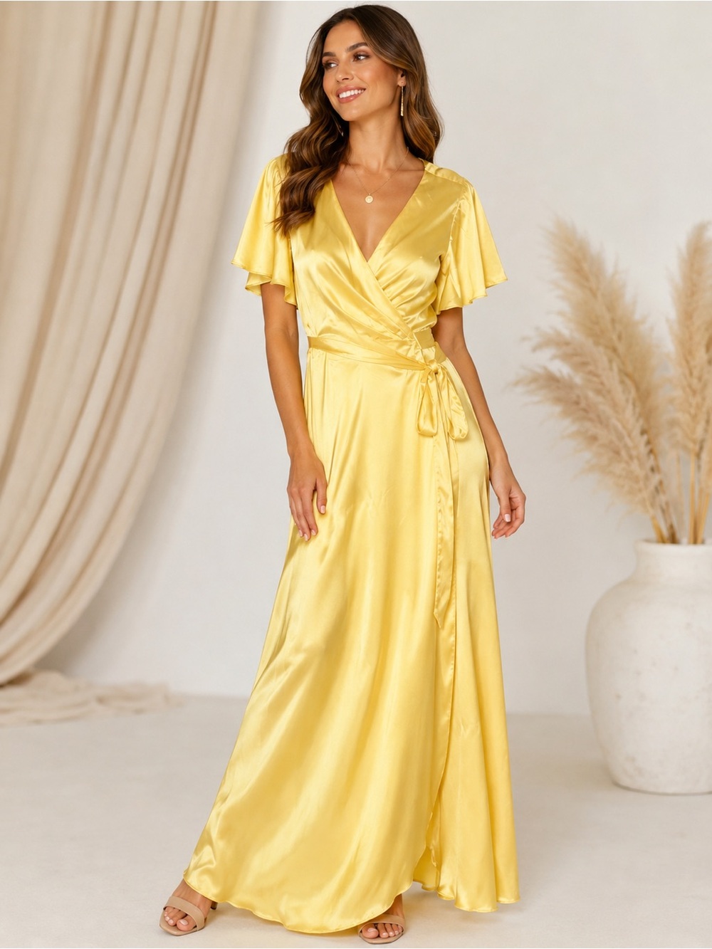 Yellow Satin Wrap Maxi Dress Flutter Sleeve Formal Evening Gown NWOT
